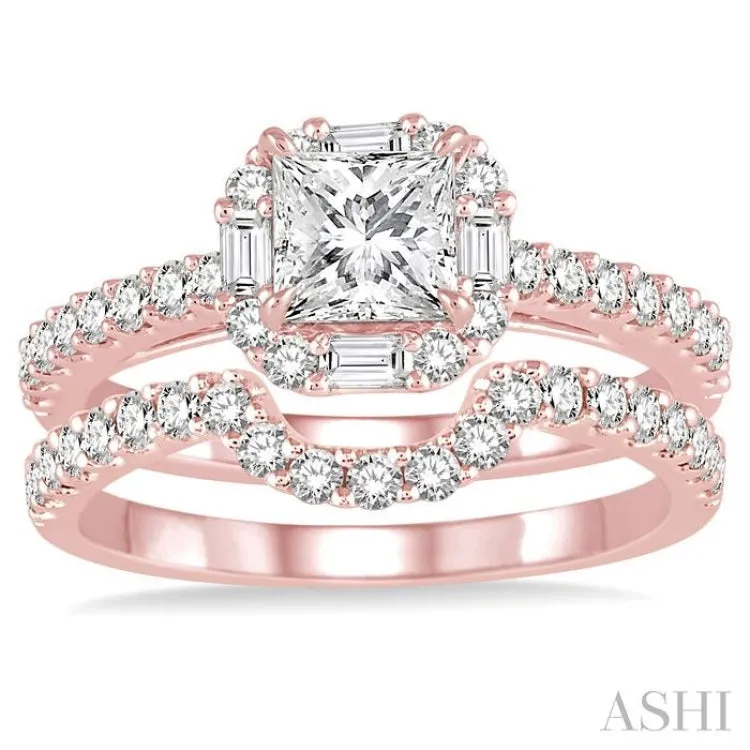 1 1/2 Ctw Diamond Wedding Set with 1 1/5 Ctw Princess Cut Engagement Ring and 1/3 Ctw Wedding Band in 14K Rose Gold