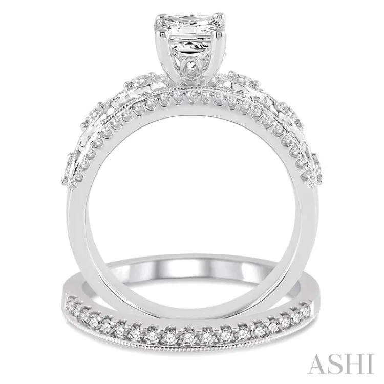 1 1/6 Ctw Diamond Wedding Set with 1 Ctw Princess Cut Engagement Ring and 1/6 Ctw Wedding Band in 14K White Gold