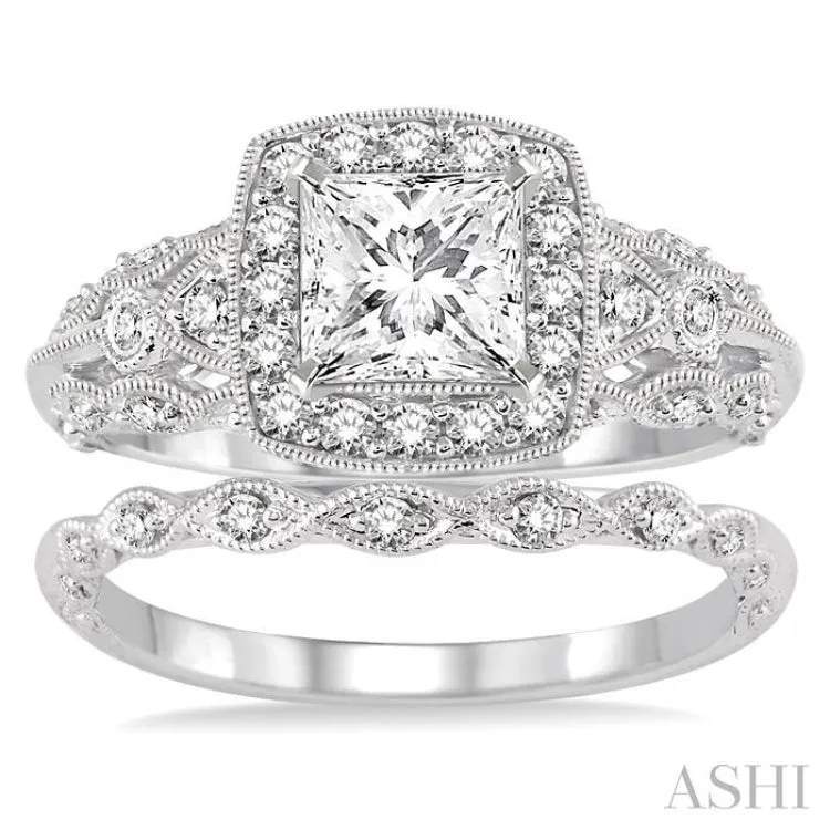 1 1/6 Ctw Diamond Wedding Set with 1 Ctw Round Cut Engagement Ring and 1/10 Ctw Wedding Band in 14K White Gold