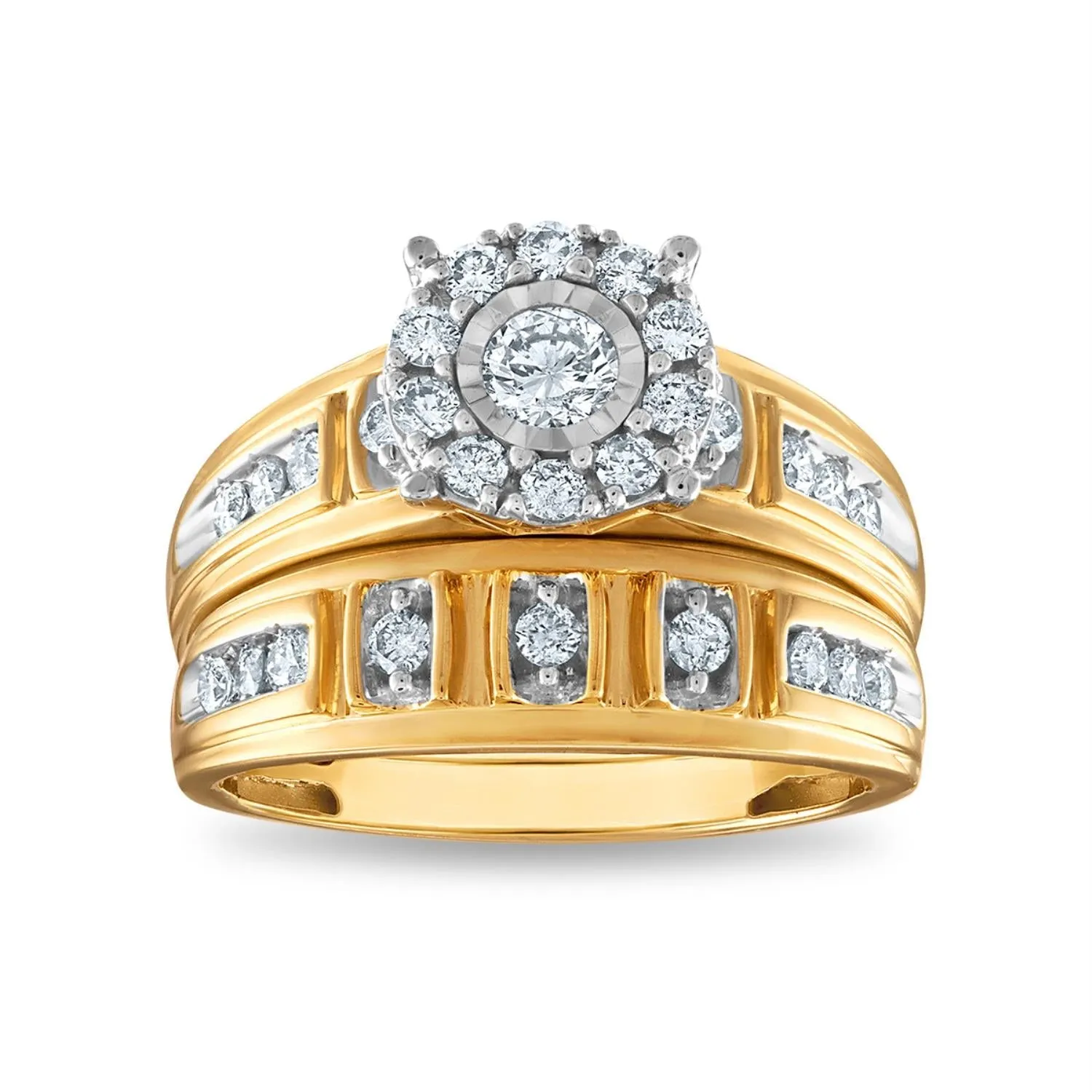 1 CTW Diamond Wedding Trio Set in 10KT White and Yellow Gold