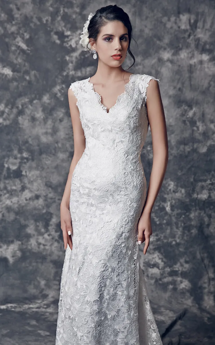 1920's Vintage-inspired V-shaped Back Cutout Brush Train Trumpet Wedding Dress-ZP_706161