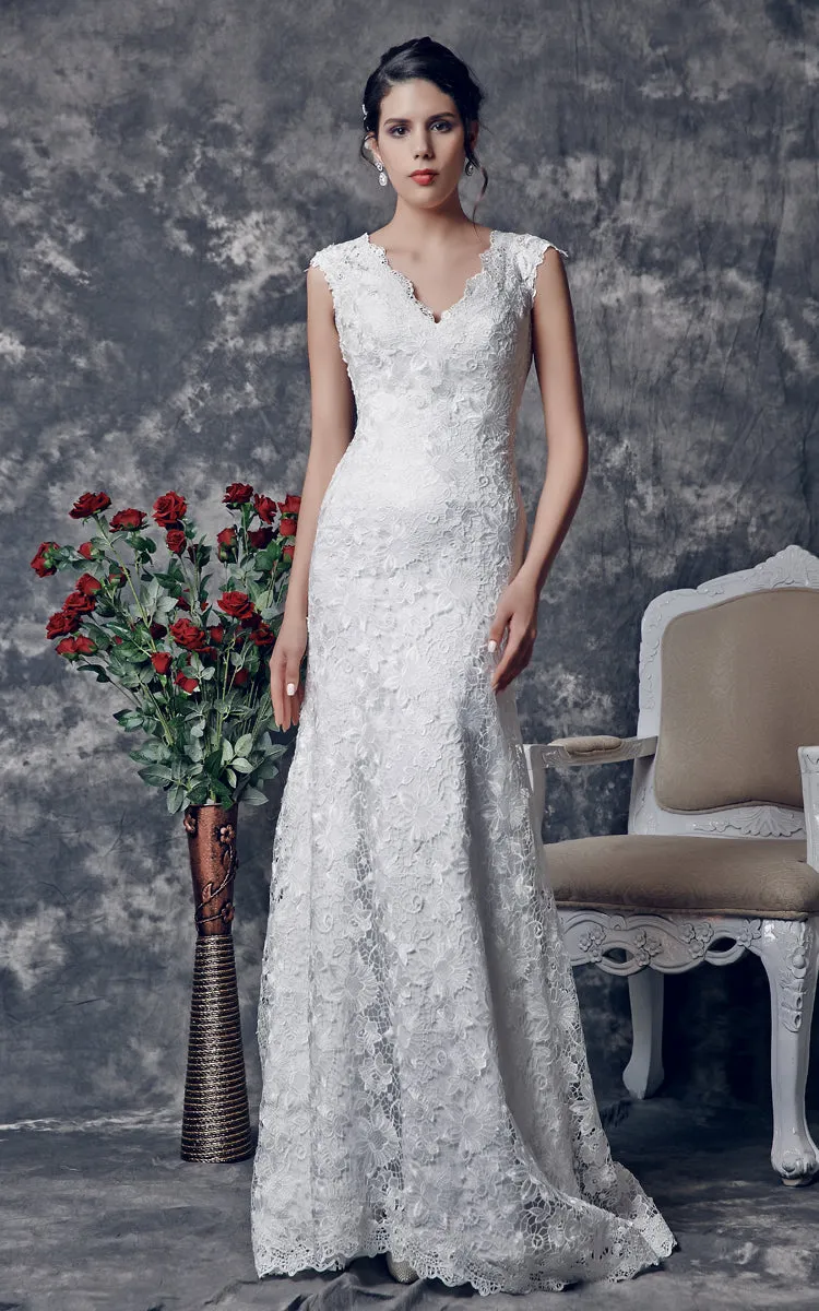 1920's Vintage-inspired V-shaped Back Cutout Brush Train Trumpet Wedding Dress-ZP_706161