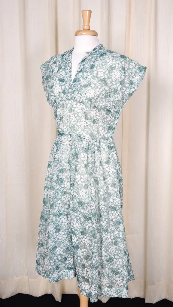 1950s Sheer Green Floral Vintage Dress