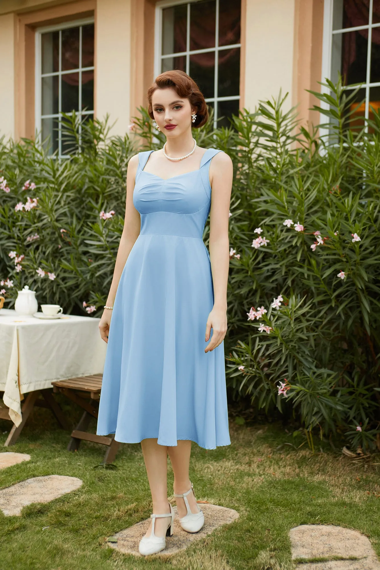 1950s Vintage Cocktail Swing Dresses Summer Square Neck Sleeveless A-Line Midi Dress with Pockets