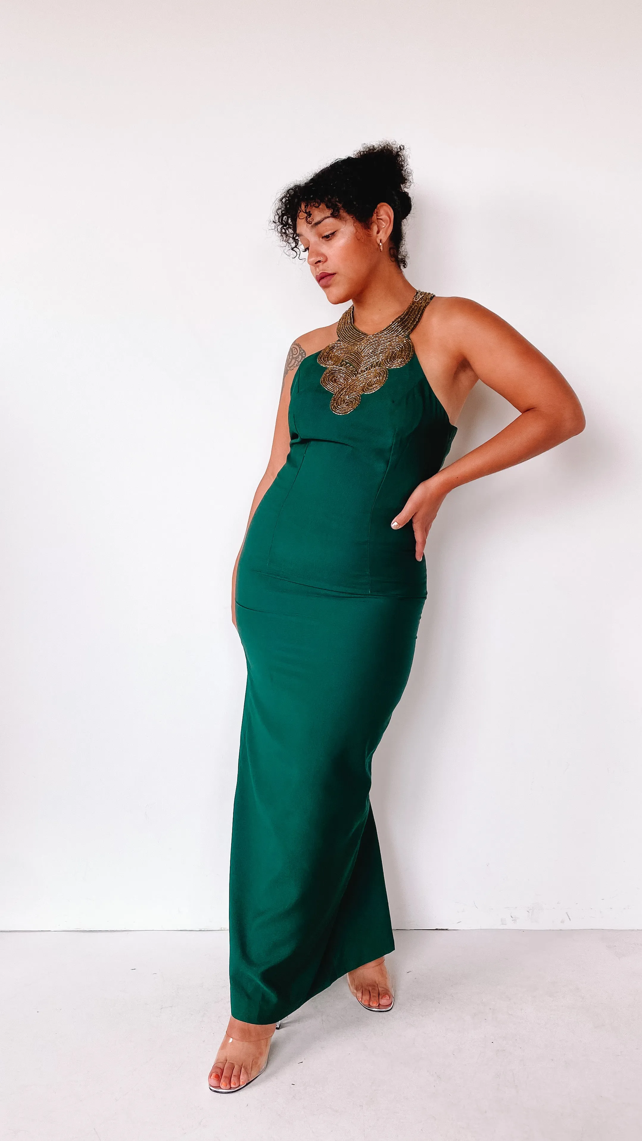 1990s Emerald Beaded Gown, sz. L