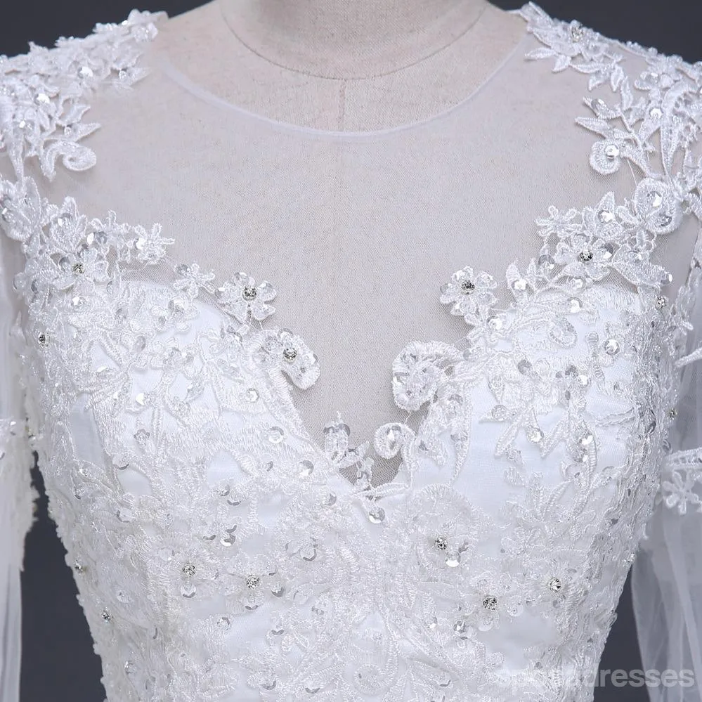 2018 Sexy See Through Long Sleeve Lace A line Wedding Bridal Dresses, Affordable Custom Made Wedding Bridal Dresses, WD267