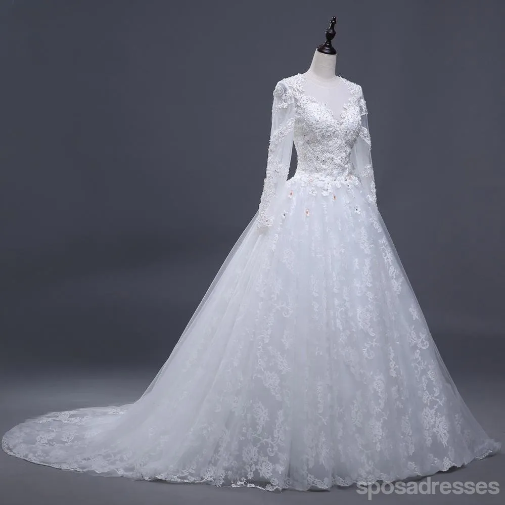 2018 Sexy See Through Long Sleeve Lace A line Wedding Bridal Dresses, Affordable Custom Made Wedding Bridal Dresses, WD267