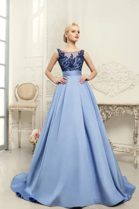 2024 Scoop Blue A-Line Appliques Satin Backless Sleeveless Quinceanera Dress Prom Dresses UK JS456