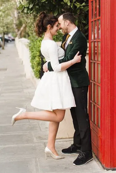 3/4 Sleeve Knee Length Satin Wedding Dress With Bateau Neckline And Ruching-715830