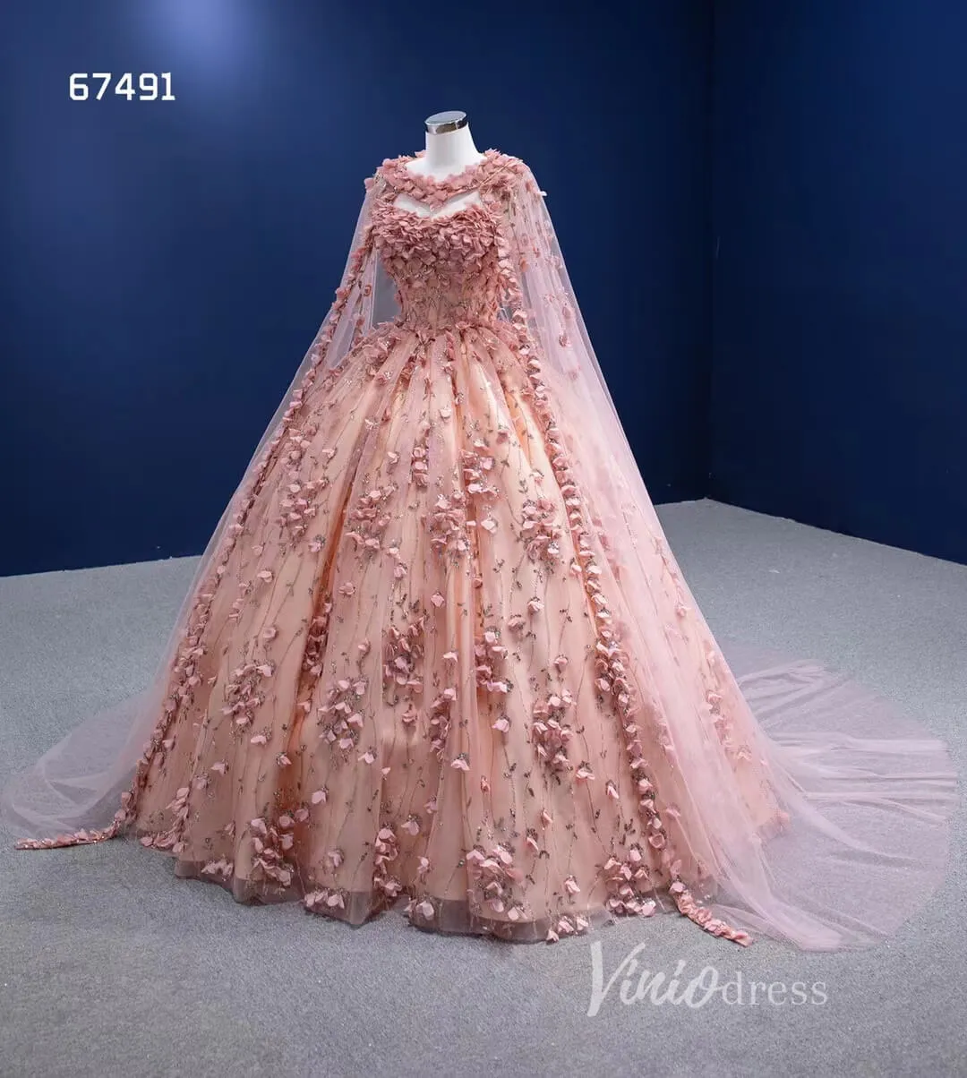 3D Flower Pink Sweet 16 Dress with Cape Vintage Ball Gown 67491