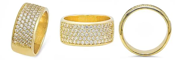 9mm Wedding Band in 5 Rows of Pave Cubic Zirconia 14k Yellow Gold