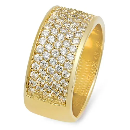 9mm Wedding Band in 5 Rows of Pave Cubic Zirconia 14k Yellow Gold