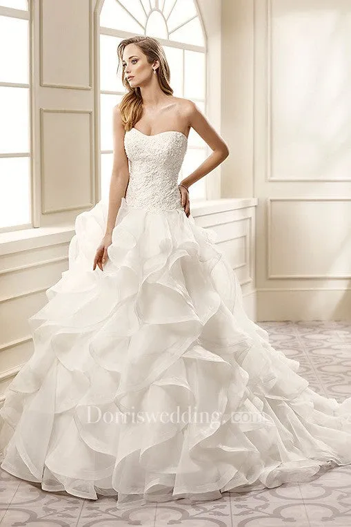 A-Line Appliqued Strapless Long Organza Wedding Dress With Cascading Ruffles And Court Train