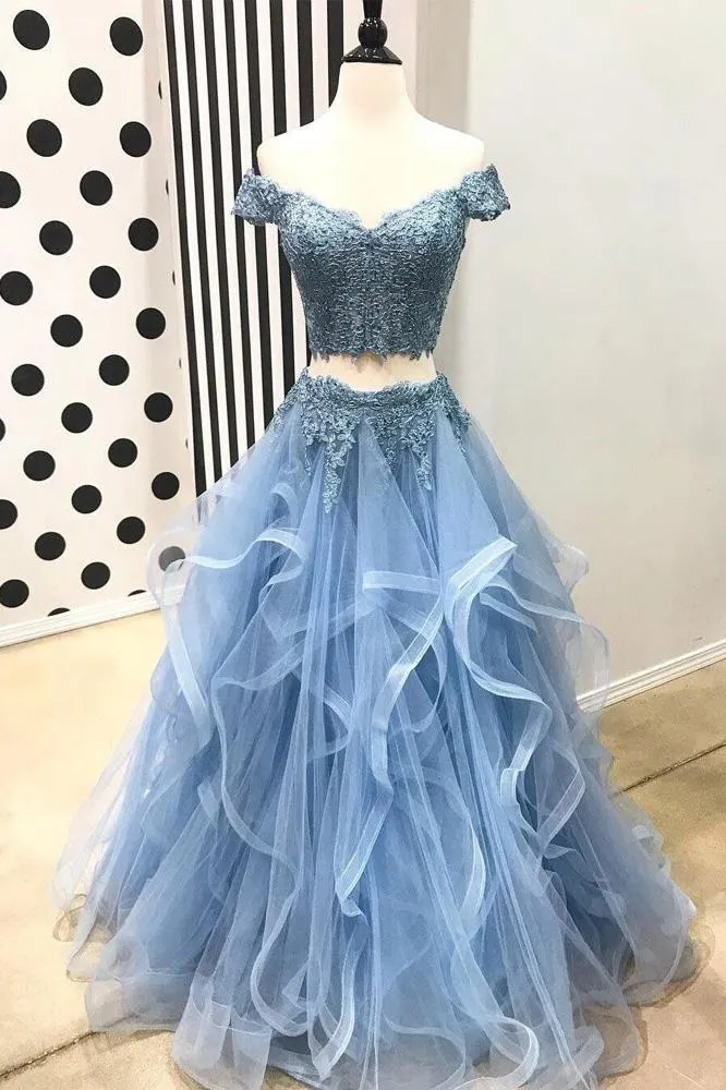 A Line Blue Lace Off the Shoulder Tulle Ruffled Beaded Two Piece Prom Dresses JS406