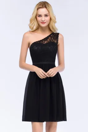 A-Line Chiffon Lace One shoulder Short Bridesmaid Dresses with Sash