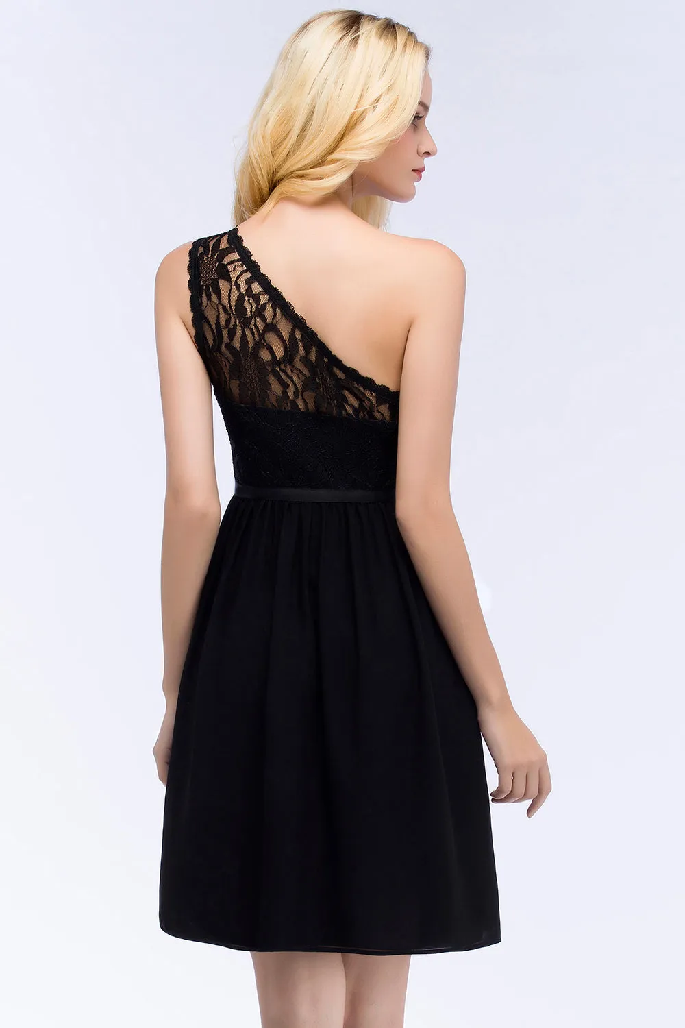 A-Line Chiffon Lace One shoulder Short Bridesmaid Dresses with Sash