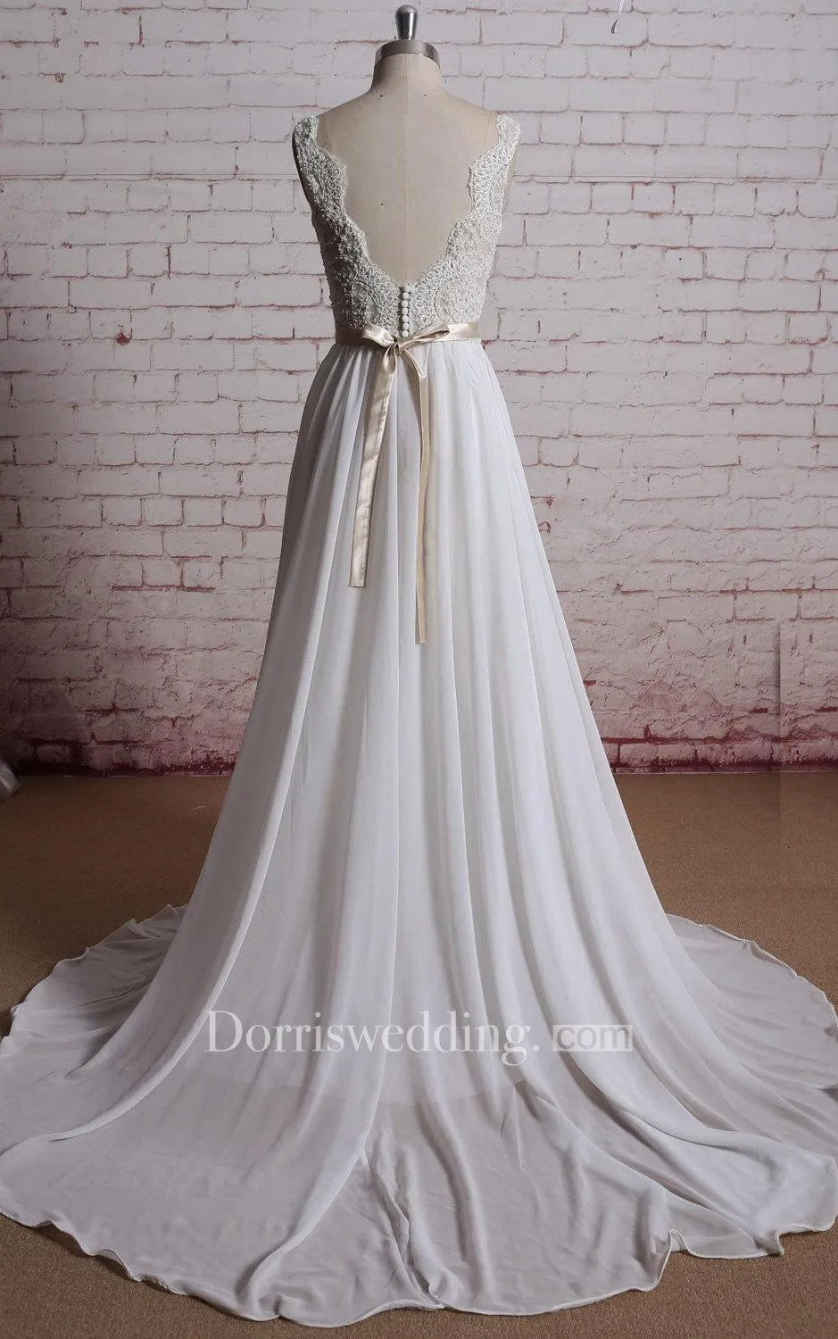 A-Line Chiffon Sleeveless Dress With Lace Bodice and Satin Bow Sash