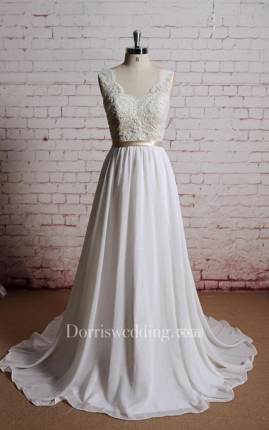 A-Line Chiffon Sleeveless Dress With Lace Bodice and Satin Bow Sash