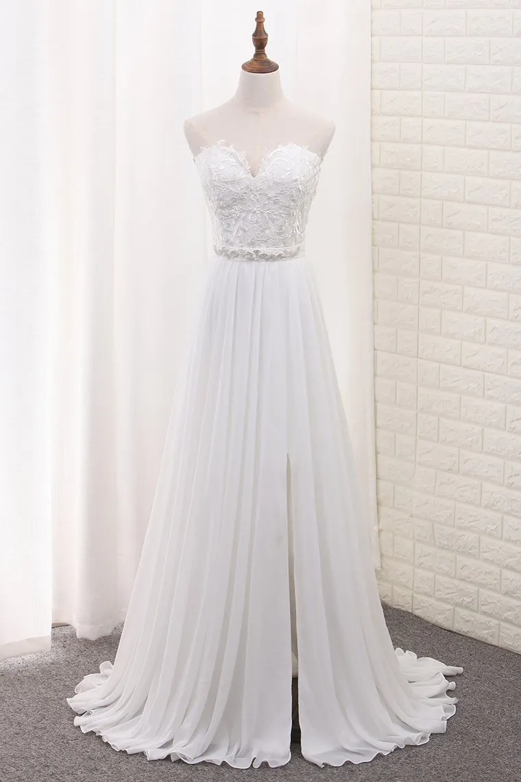 A Line Chiffon Sweetheart Wedding Dresses With Applique And Slit