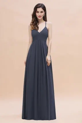 A-Line Chiffon V-Neck Bridesmaid Dress Classy Long Evening Dress With Pockets