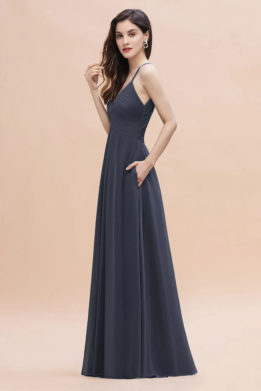 A-Line Chiffon V-Neck Bridesmaid Dress Classy Long Evening Dress With Pockets