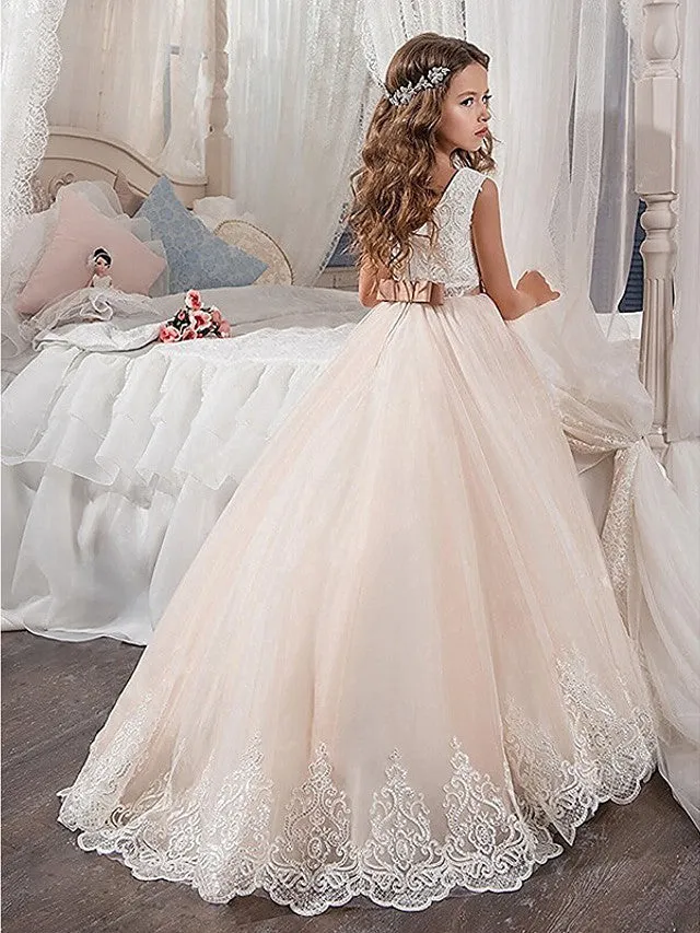 A-Line Crew Neck Sweep Brush Train Satin Tulle Flower Girl Dresses