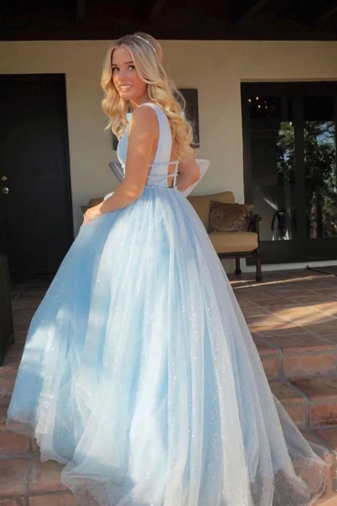 A Line Deep V Neck Ball Gown Prom Dresses Open Back White Evening Dresses JS536