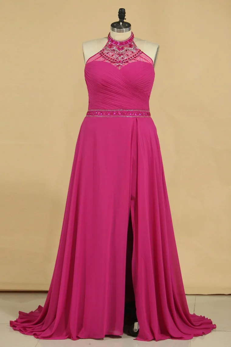 A Line High Neck Prom Dresses Chiffon With Beading And Ruffles