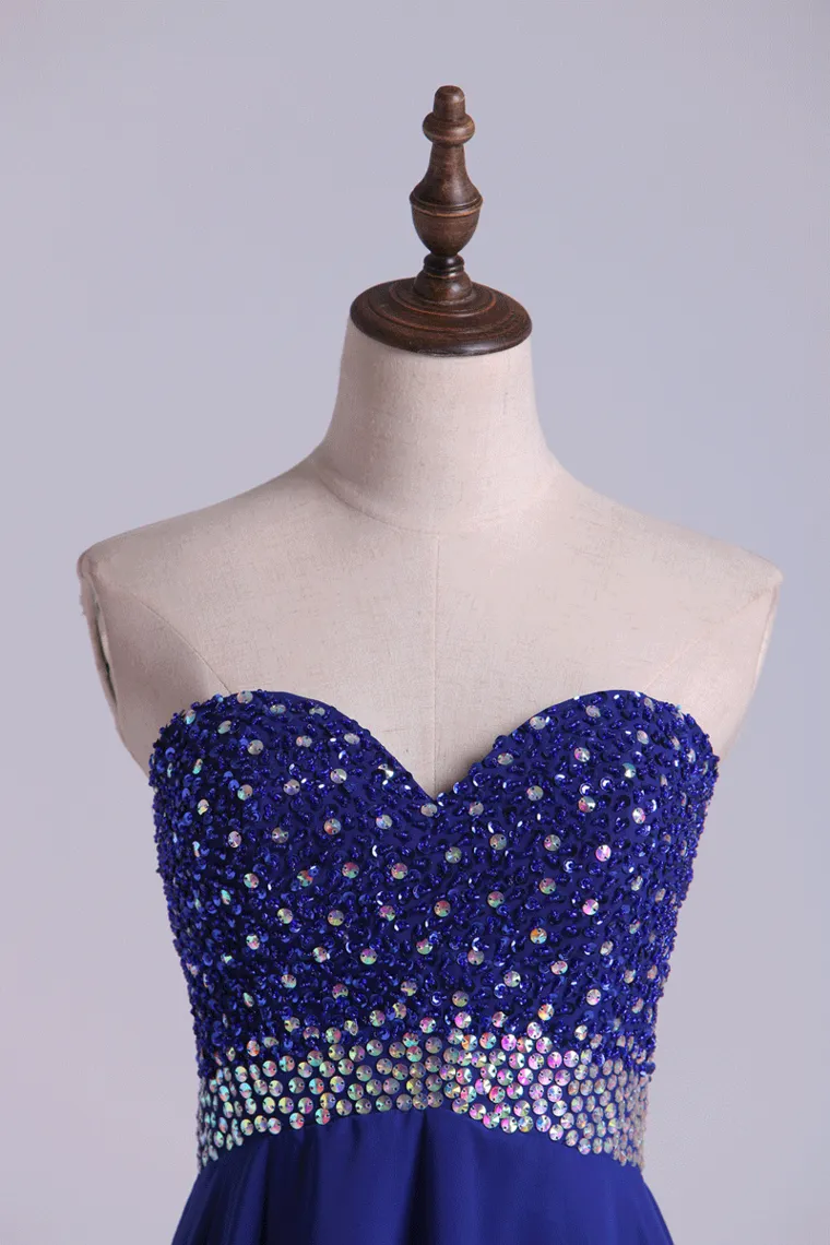 A Line Homecoming Dresses Dark Royal Blue Chiffon Mini With Beading