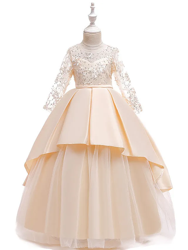 A-Line Jewel Neck Wedding Formal Evening Pageant Flower Girl Dresses With Sleeves