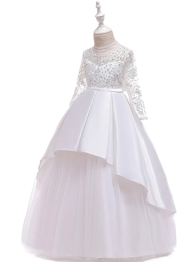 A-Line Jewel Neck Wedding Formal Evening Pageant Flower Girl Dresses With Sleeves