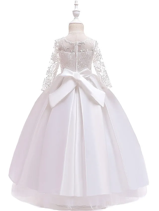 A-Line Jewel Neck Wedding Formal Evening Pageant Flower Girl Dresses With Sleeves