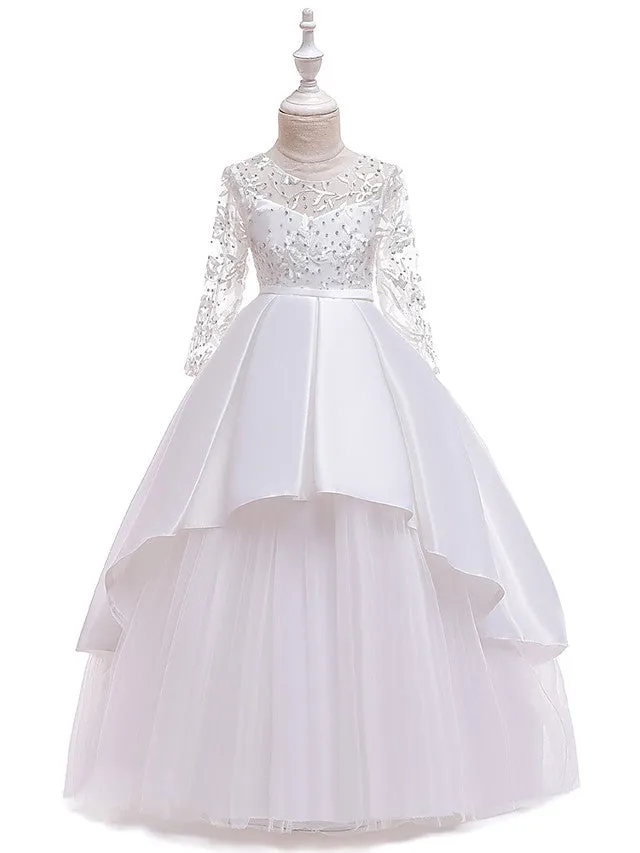 A-Line Jewel Neck Wedding Formal Evening Pageant Flower Girl Dresses With Sleeves