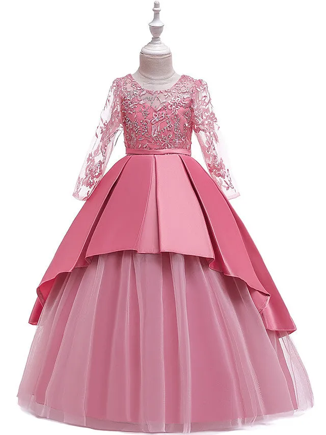 A-Line Jewel Neck Wedding Formal Evening Pageant Flower Girl Dresses With Sleeves