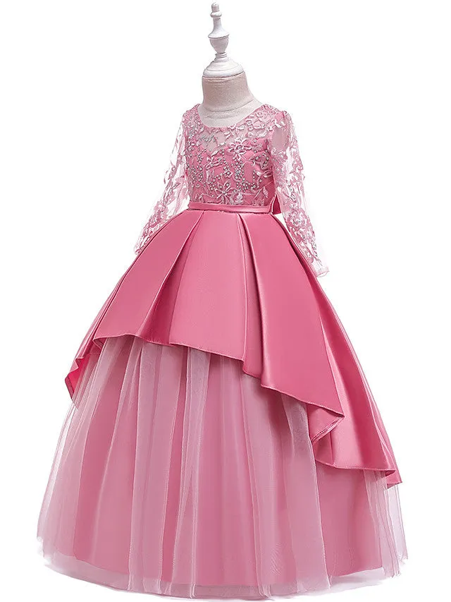 A-Line Jewel Neck Wedding Formal Evening Pageant Flower Girl Dresses With Sleeves