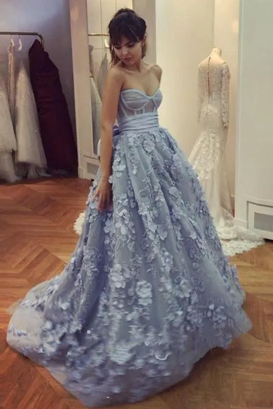 A Line Lace Appliques Sweetheart Prom Dresses Long Blue Quinceanera Dresses JS617