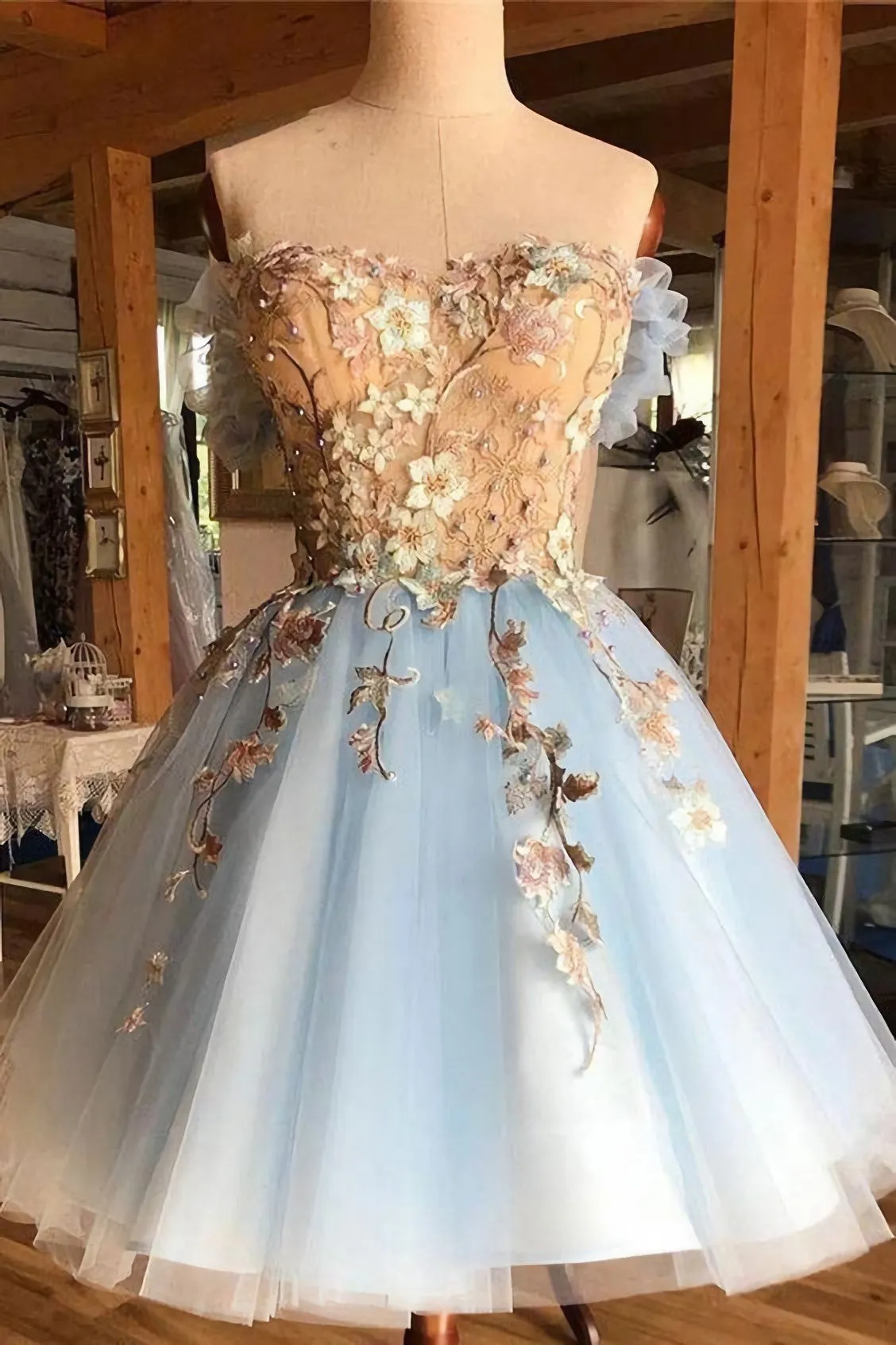 A Line Light Blue Off The Shoulder Above Knee Homecoming Prom Dress, With Appliques