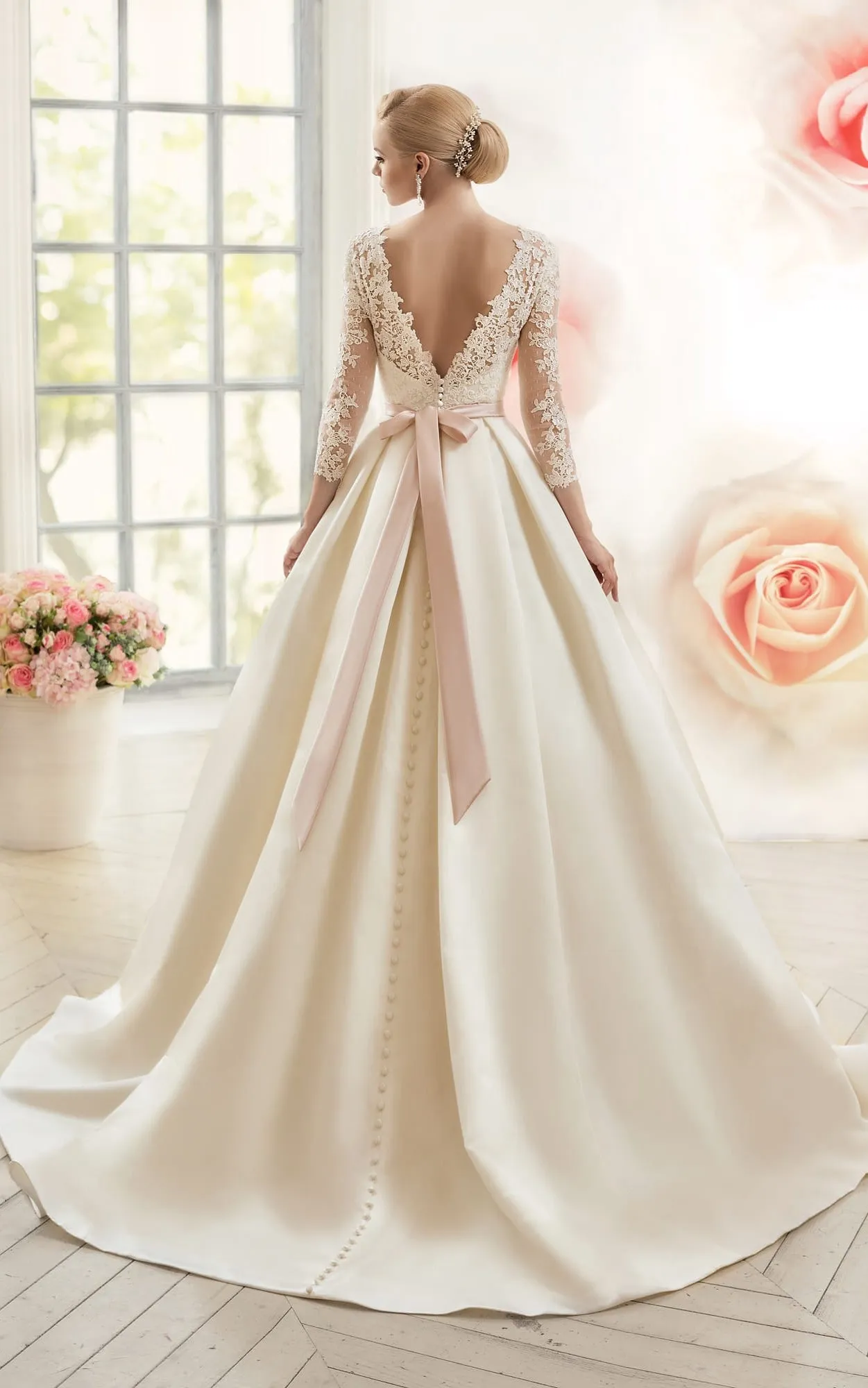 A-Line Long Scoop Long-Sleeve Deep-V-Back Satin Lace Dress With Appliques And Waist Jewelry-714449