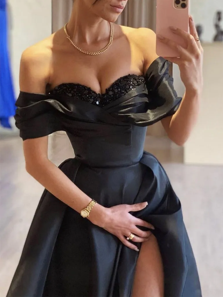 A-Line Off Shoulder Satin Black Long Prom Dress, Black Long Evening Dress