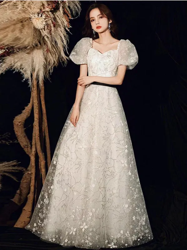 A Line Popular Lace Long Prom Dresses, Elegant Appliques Newest Wedding Dresses