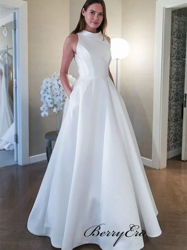 A-line Satin White Wedding Dress with Pockets, Sleeveless Simple Wedding Dresses