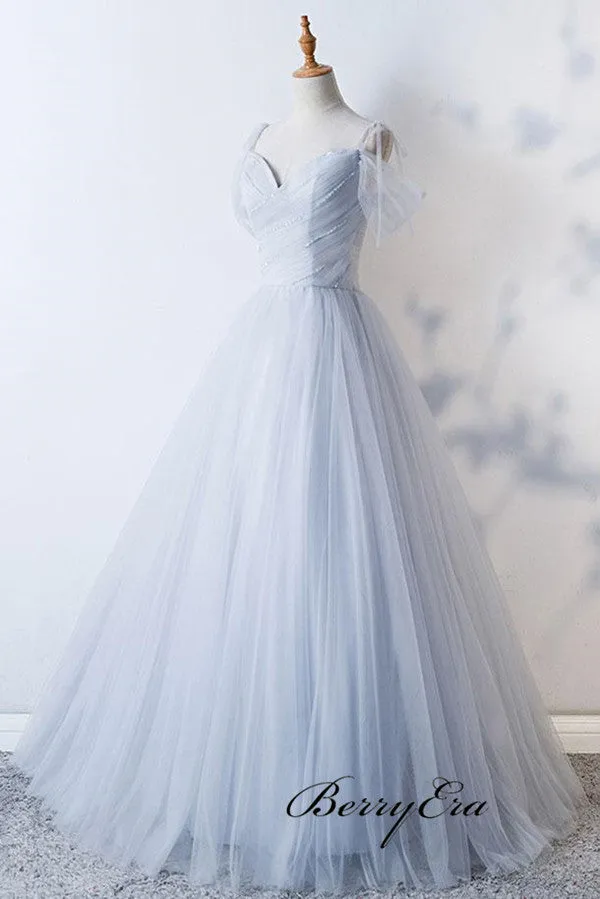 A-line Tulle Grey Wedding Dresses, Off The Shoulder Wedding Dresses, Beaded Wedding Dresses