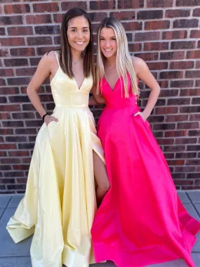 A-line V Neck Backless Front Slit Long Prom Dresses with Pockets