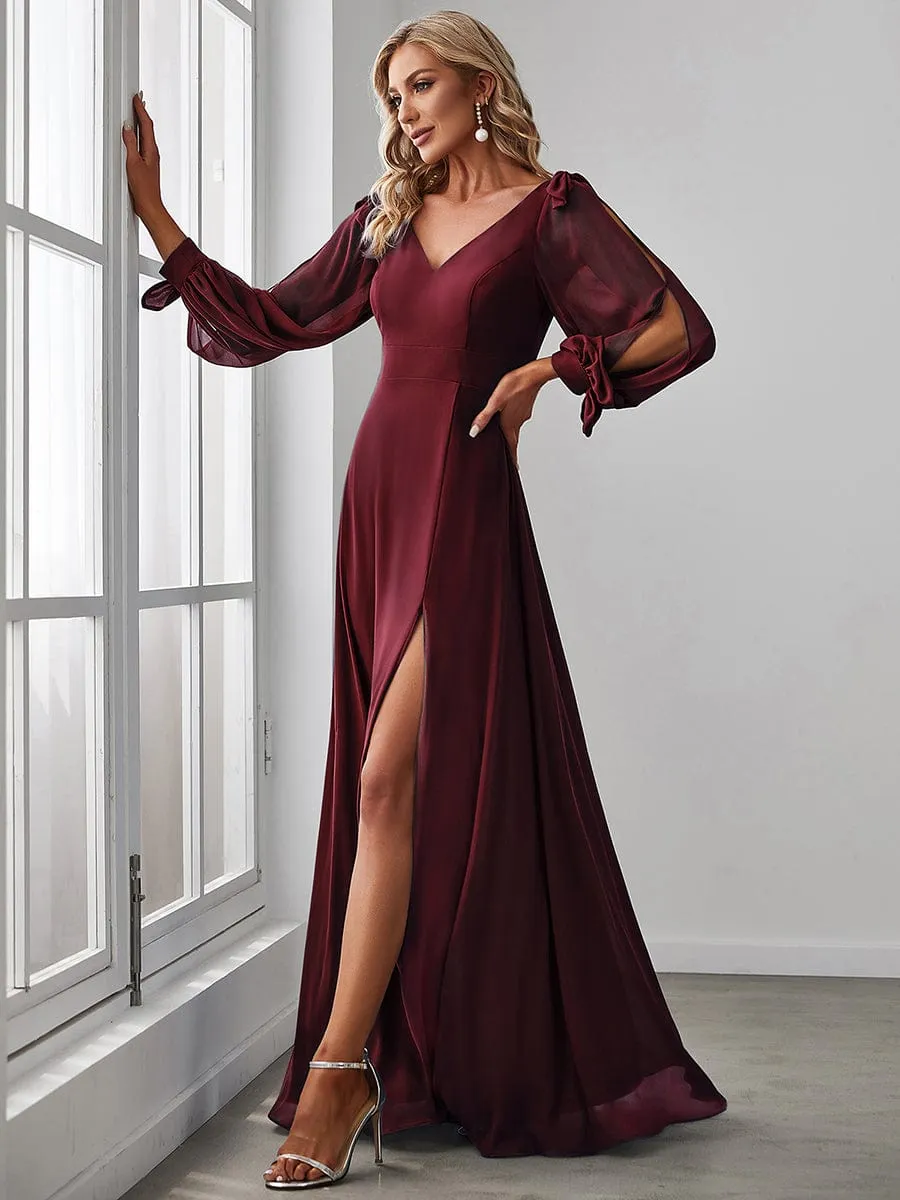 A-Line V-Neck Bridesmaid Dress with Long Lantern Sleeves