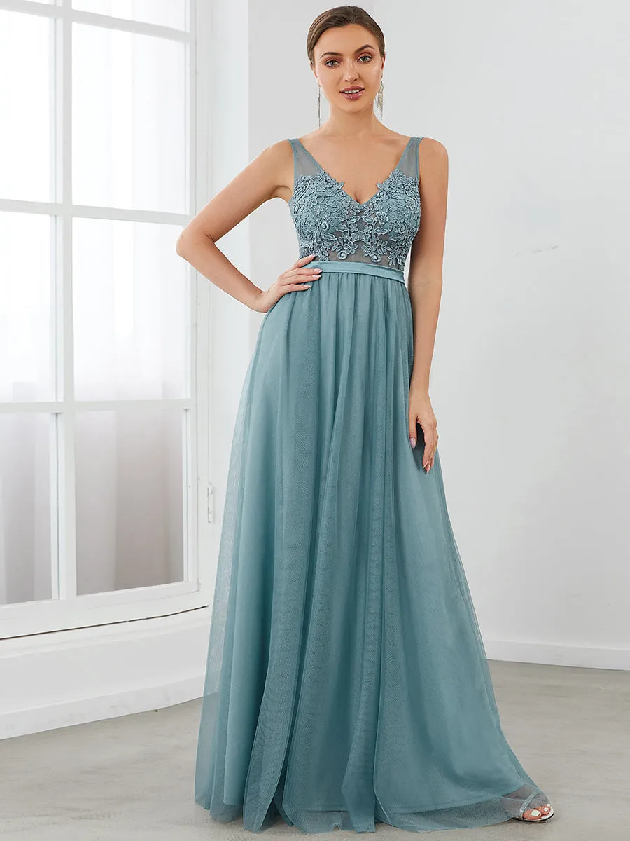 A-Line V-Neck Floral Lace Appliques Wholesale Bridesmaid Dress