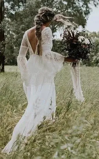 A-Line V-neck Lace Wedding Dress Casual Sexy Bohemian Adorable Beach Country Garden With Deep-V Back And Illusion Long Sleeves-716747