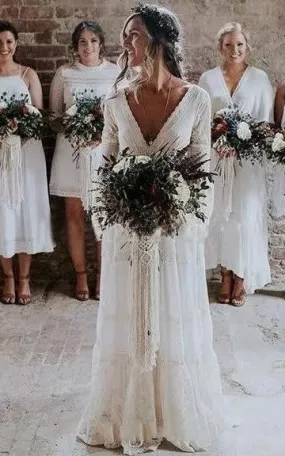 A-Line V-neck Lace Wedding Dress Casual Sexy Bohemian Adorable Beach Country Garden With Deep-V Back And Illusion Long Sleeves-716747