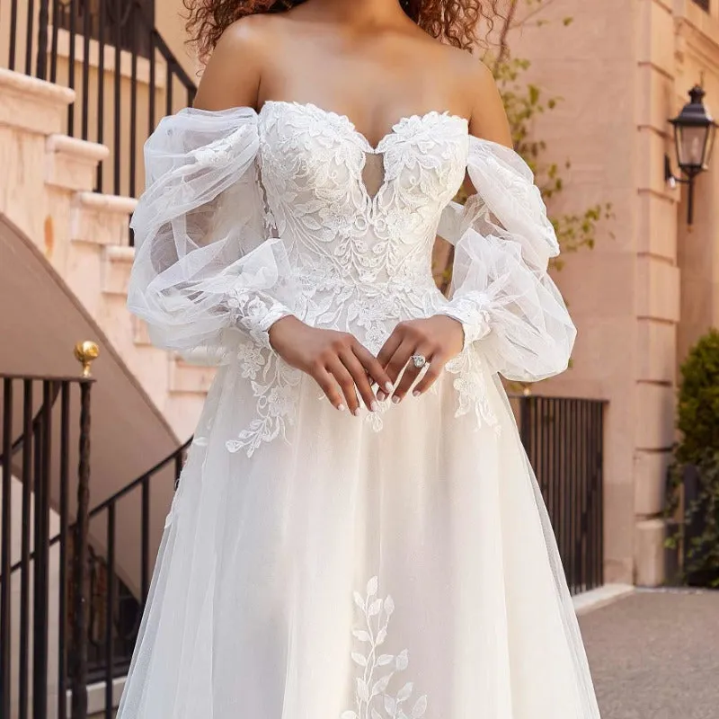 A-Line Wedding Dress Lace With Detachable Bishop Sleeves WD4002