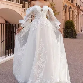 A-Line Wedding Dress Lace With Detachable Bishop Sleeves WD4002