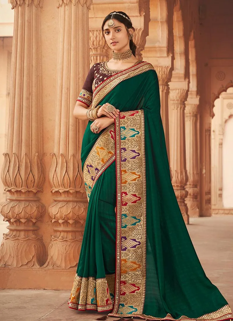 Admiring Look Green Color Zari And Lace Work Silk Base Saree